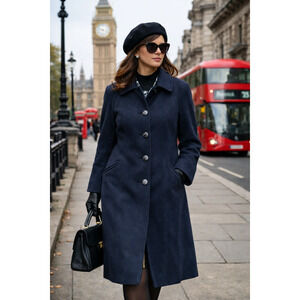 Vintage Alorna Super Fina Petite Navy Blue Wool Trench Coat Print Lining USA 18P